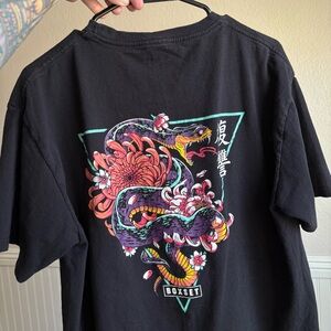 Large Black Graphic Snake & Chrysanthemum Short Sleeve Shirt